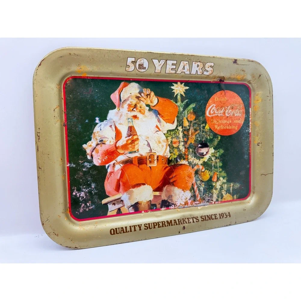 Vintage 1984 Coca-Cola Big Bear Supermarkets 50th Anniversary Santa Metal Tray